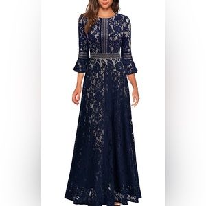 XL Women's Vintage Full Lace Contrast Bell Sleeve Formal Long Dress - NWT